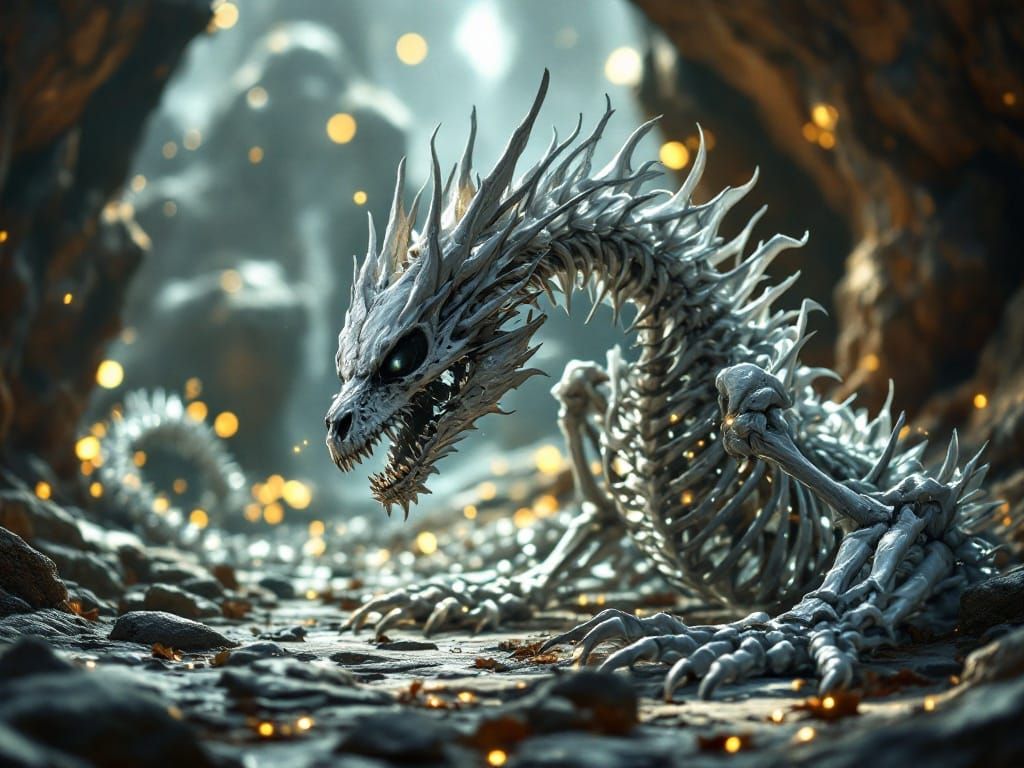 Majestic Skeleton Dragon Amidst Ancient Stone Ruins in Eerie...