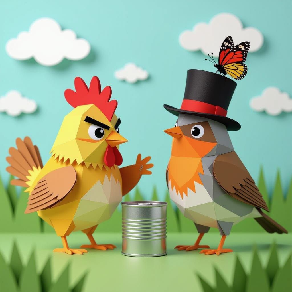Whimsical Papercraft of Angry Chick and Robin