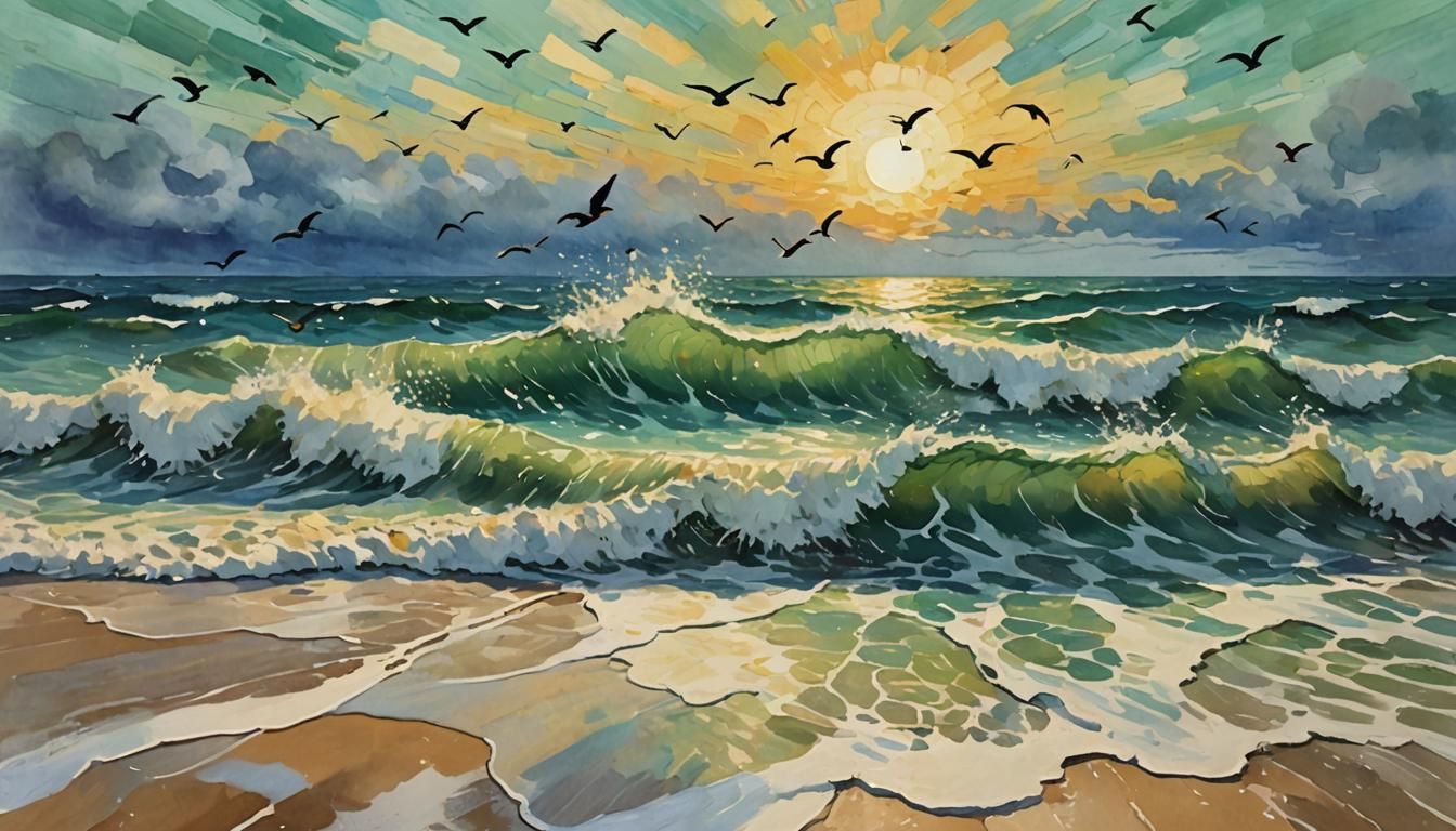 Birds Fleeing Beach: Gouache Watercolor Impressionism