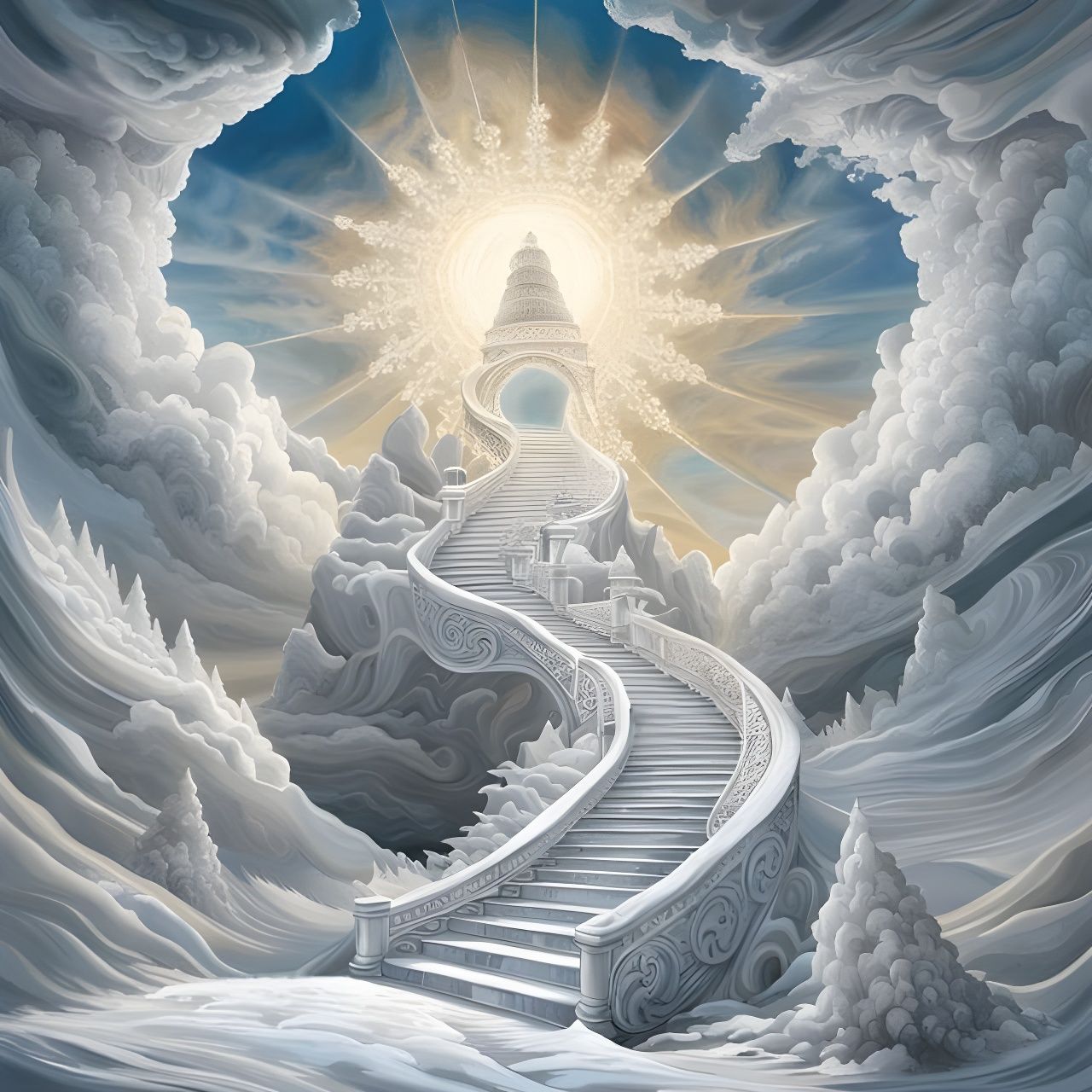 Icy Stairway to Heaven in Glitch Art Style