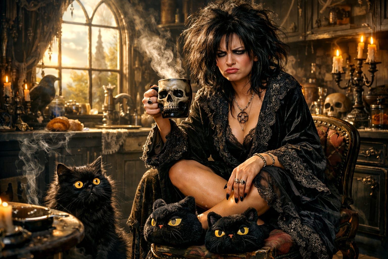 Gothic Woman's Grumpy Morning Coffee Ritual