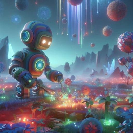 Whimsical Robot Tending Bioluminescent Flora in Alien Landsc...