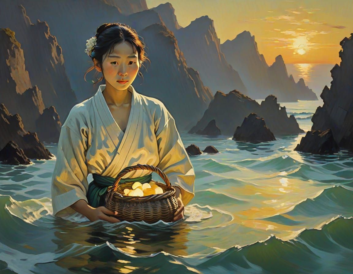 Japanese Ama Diver Emerges from Jade-Tinted Sea at Twilight....