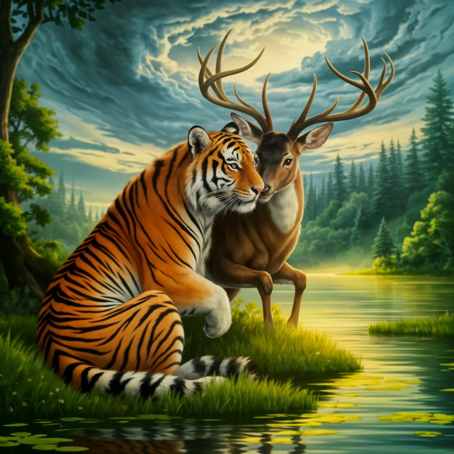 Tiger and Deer Cuddle by Serene Lake