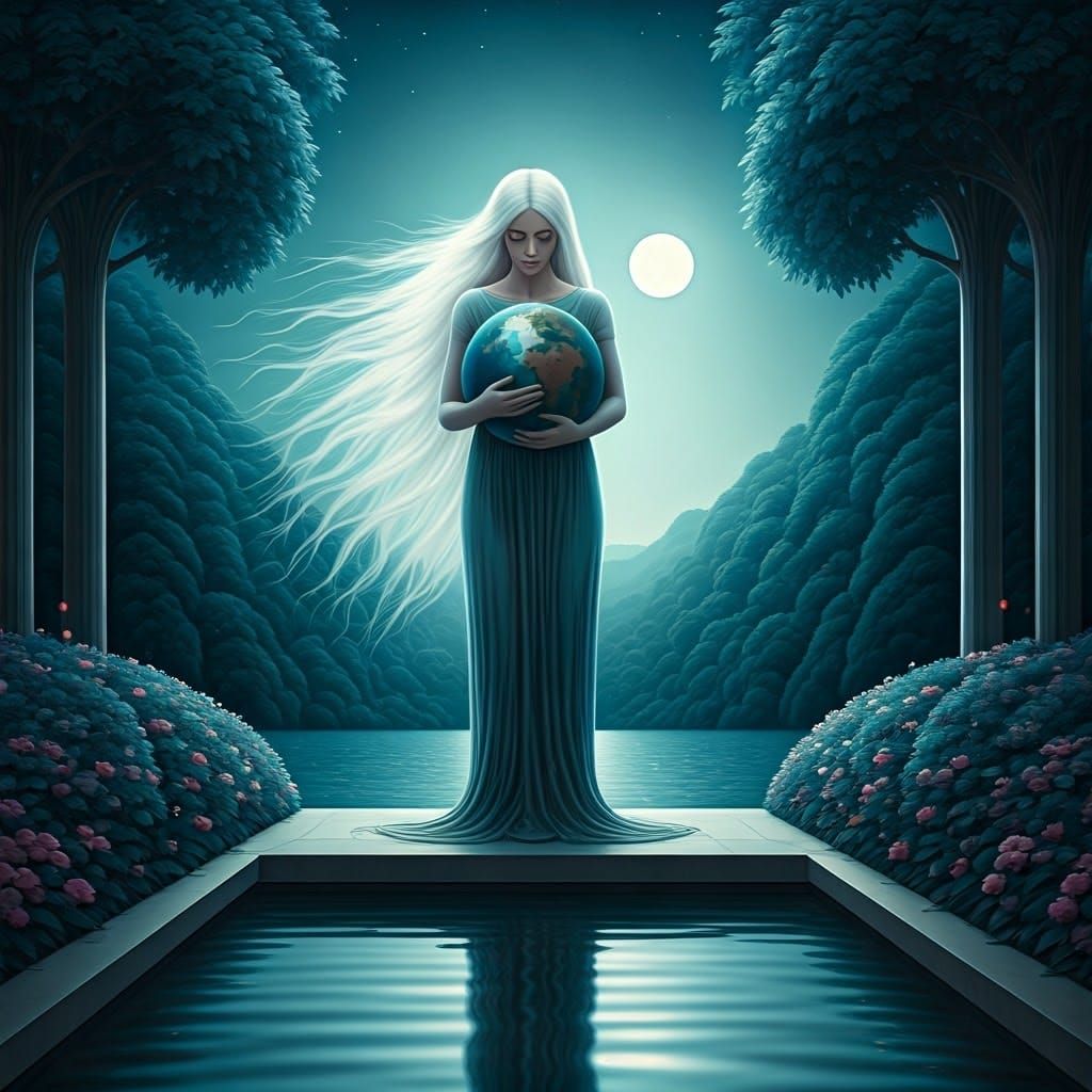 Woman Cradling Earth: Fantasy Oil Painting