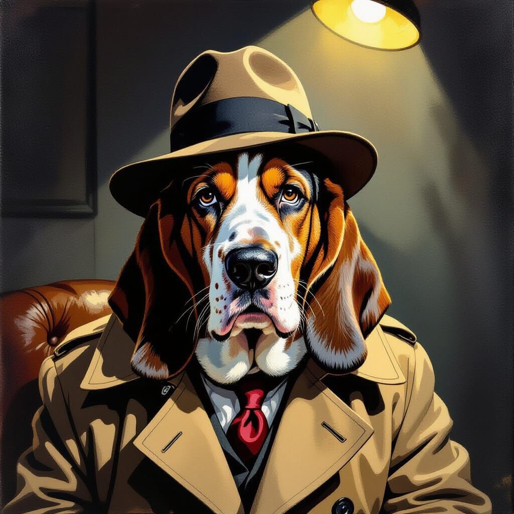 Bassett Hound Detective in Gouache Painting Style