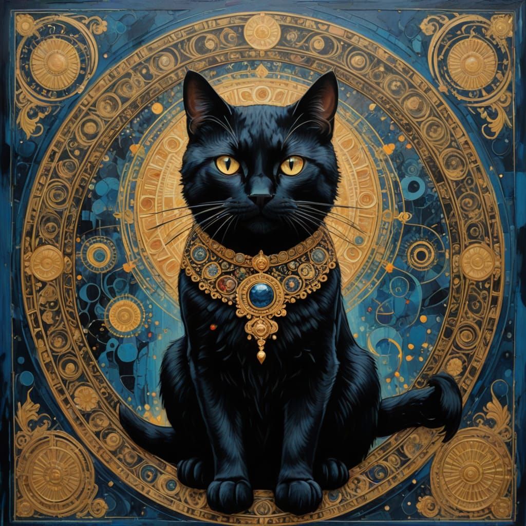 Mystical Black Cat Icon in Vibrant Blues and Golds
