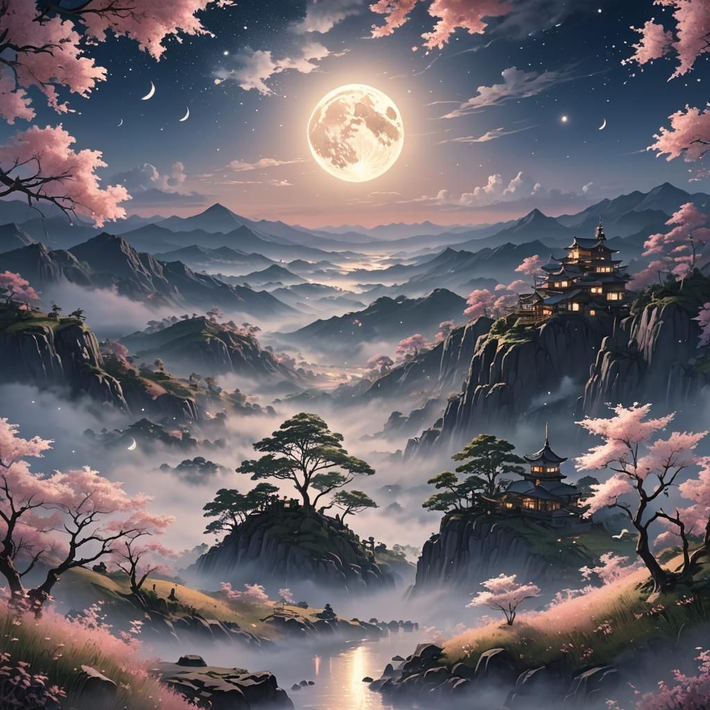 Enormous Moon Lights Night Sky: 3D Anime Art