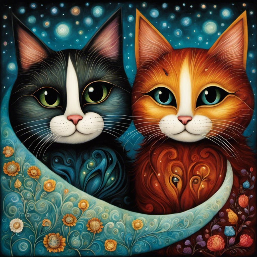 Two Happy Cats in Visionary Surrealist Style