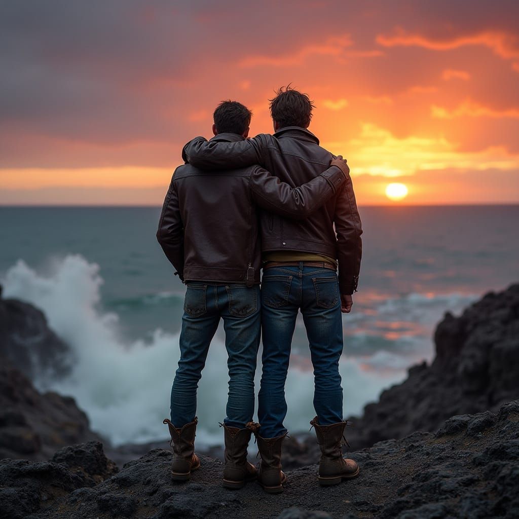 Two Rugged Men Gaze Out at Turbulent Sea at Sunset