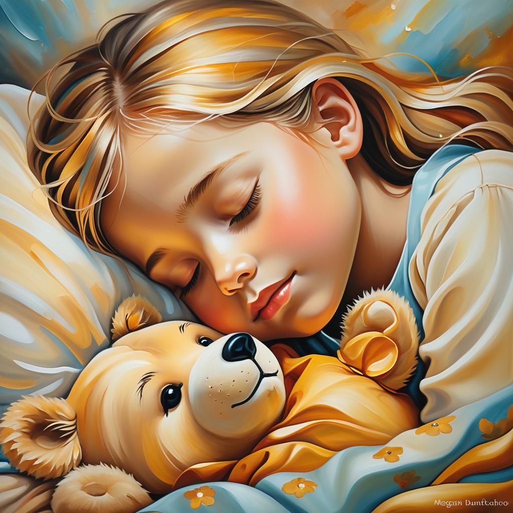 Child Sleeping with Teddy Bear: Oil Painting
