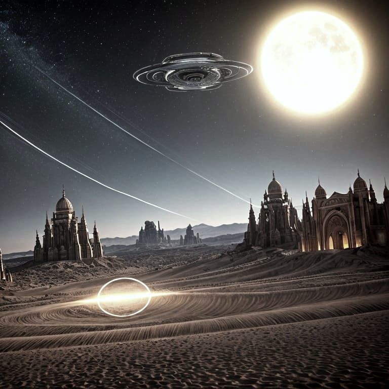 Luminous Spaceships Over Mystical Desert in Hyperrealistic S...
