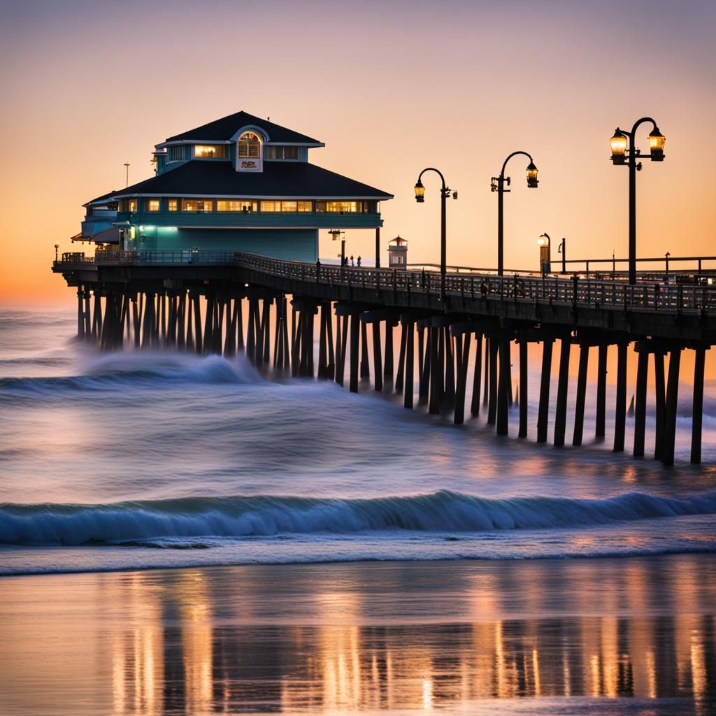 Beach Pier at Dawn in Ocean Waves