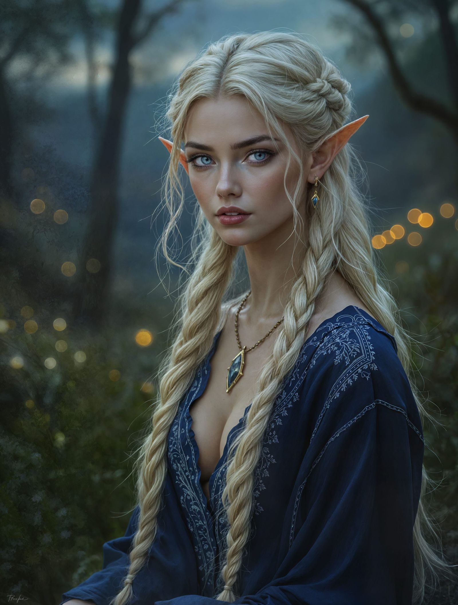 Ethereal Elf Woman in Mystical Twilight Woodland