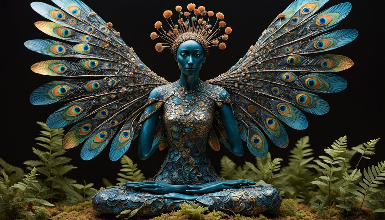 Surreal Winged Sculpture in Klimt-Inspired Bio Art
