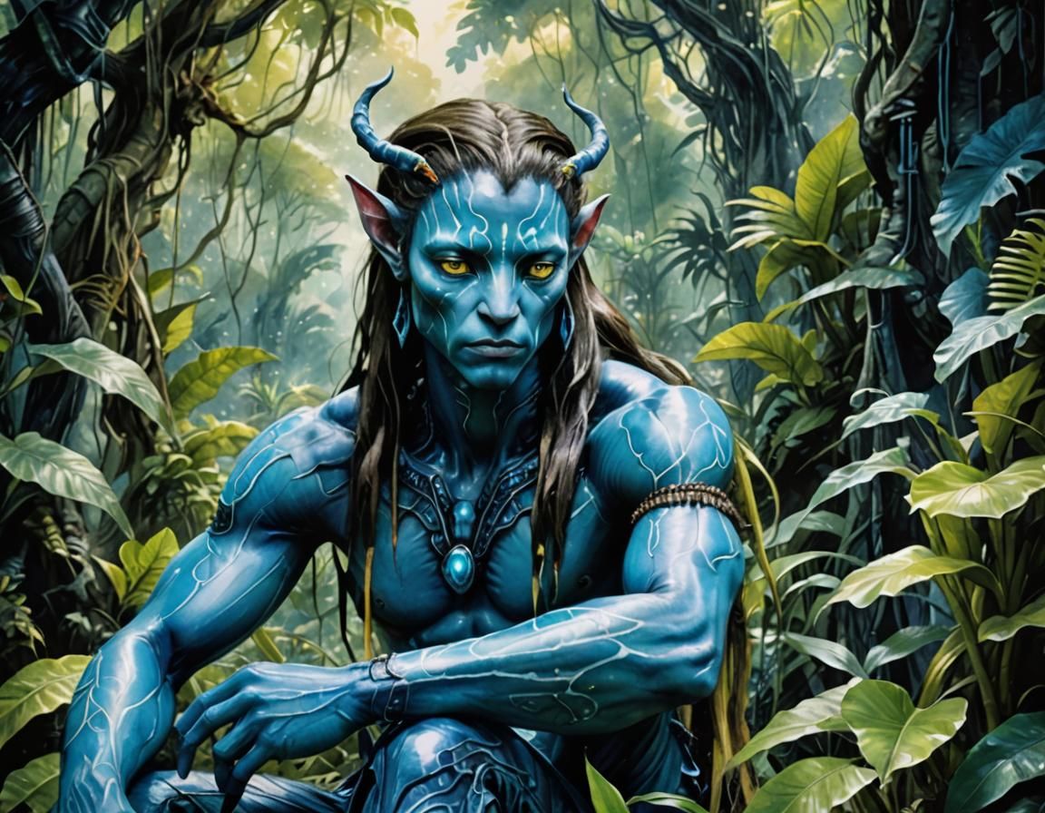 Na'vi in Jungle, Watercolor Art with Bioluminescence