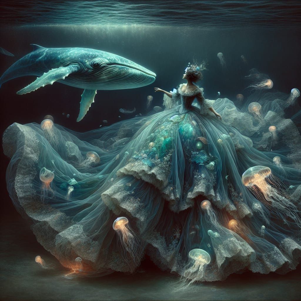 Underwater view of a woman with a  fantastical glowing transparent glass whale swimming on giant flowing dress. Surround...