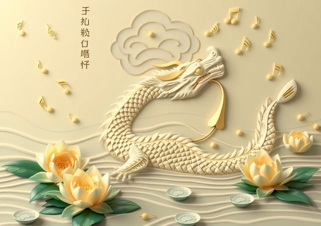 Embossed Chinese Dragon with Water Lilies and Music