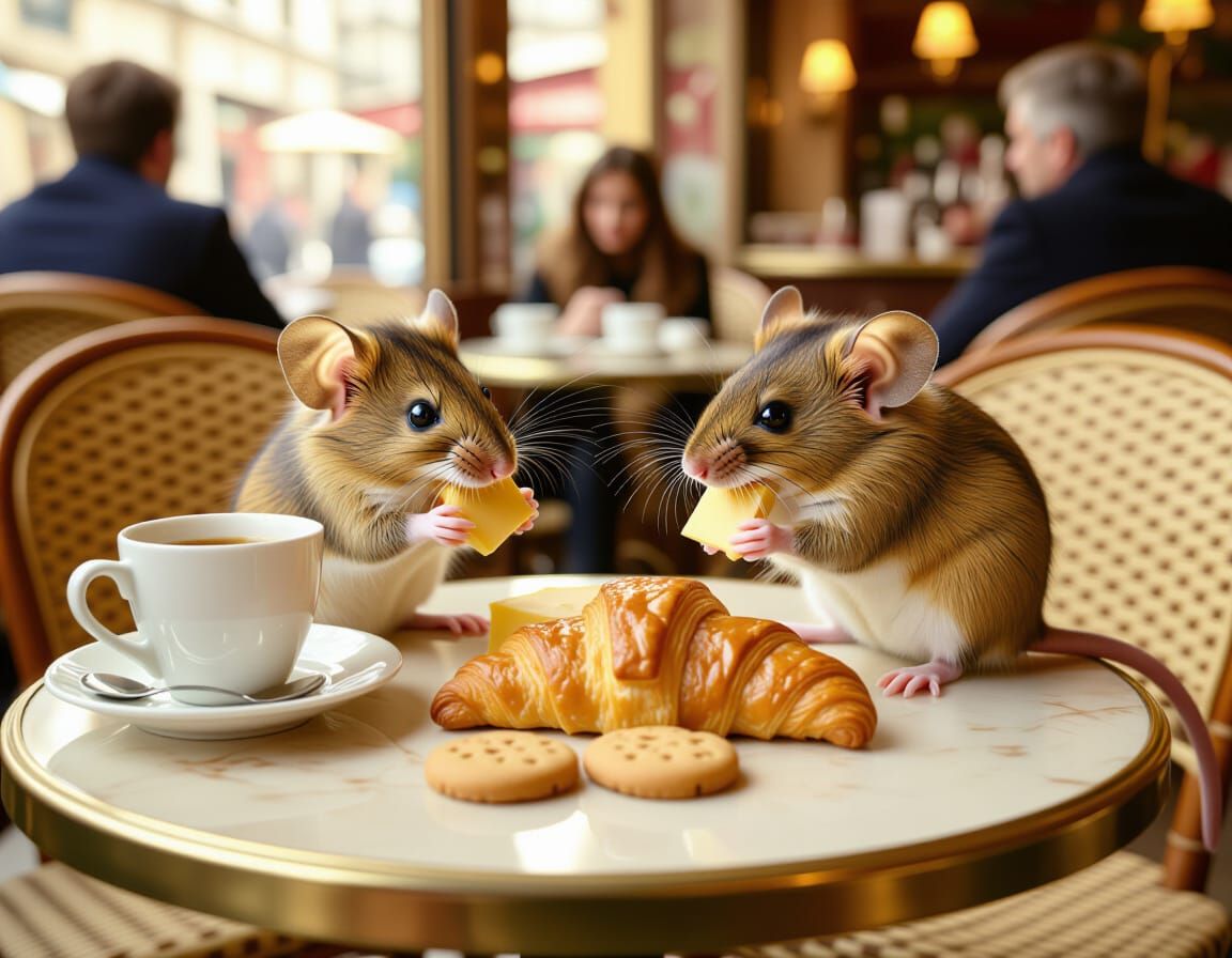Mice Enjoying Croissant Cheese Breakfast in Parisian Cafe