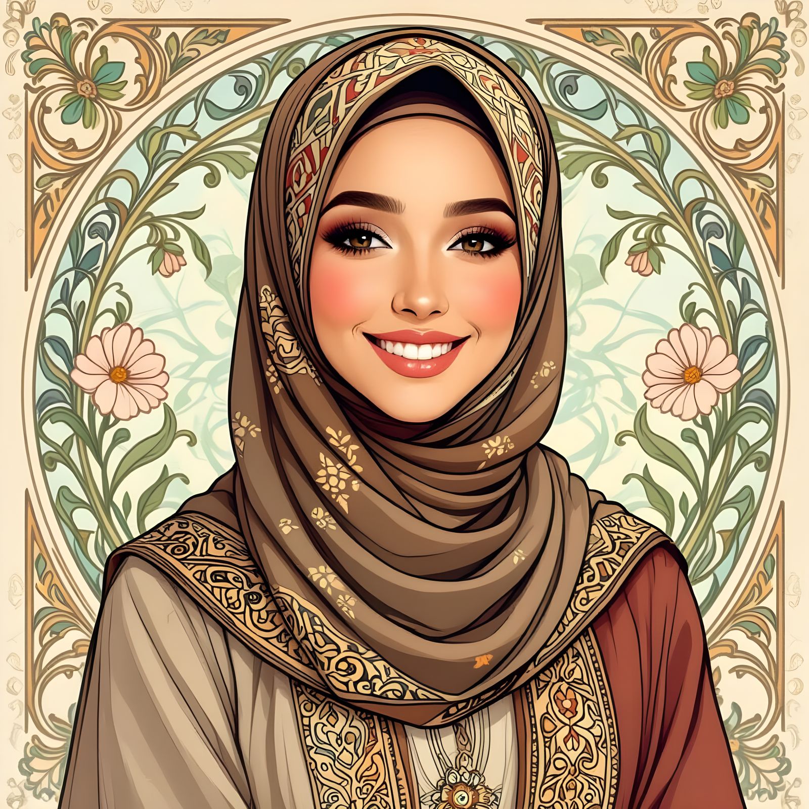 Elegant Hijabi Woman in Art Nouveau Style
