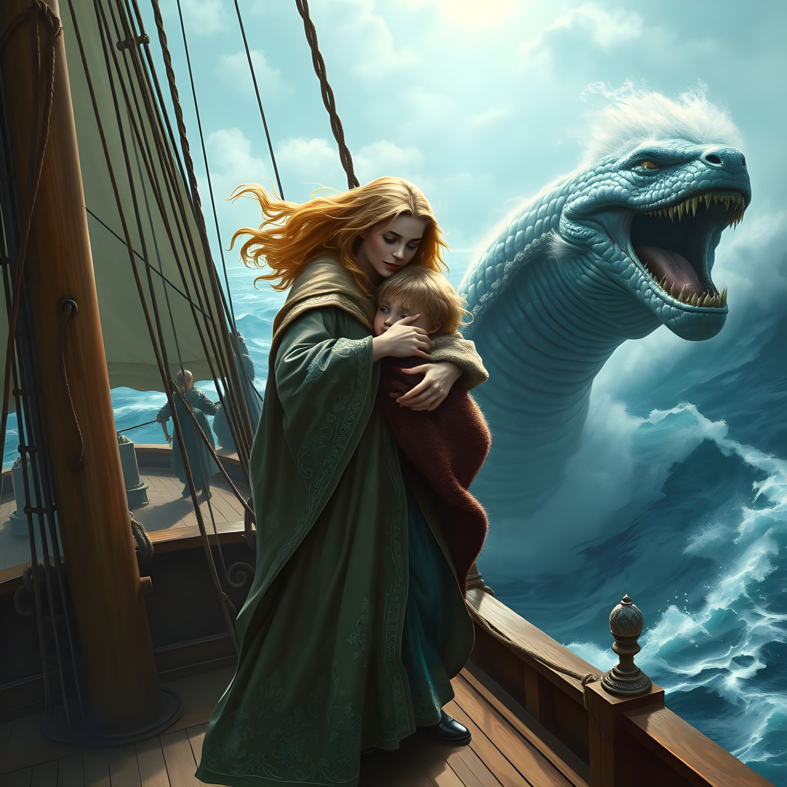 Sensual Goddess Calms Frightened Child on Stormy Seas in a B...