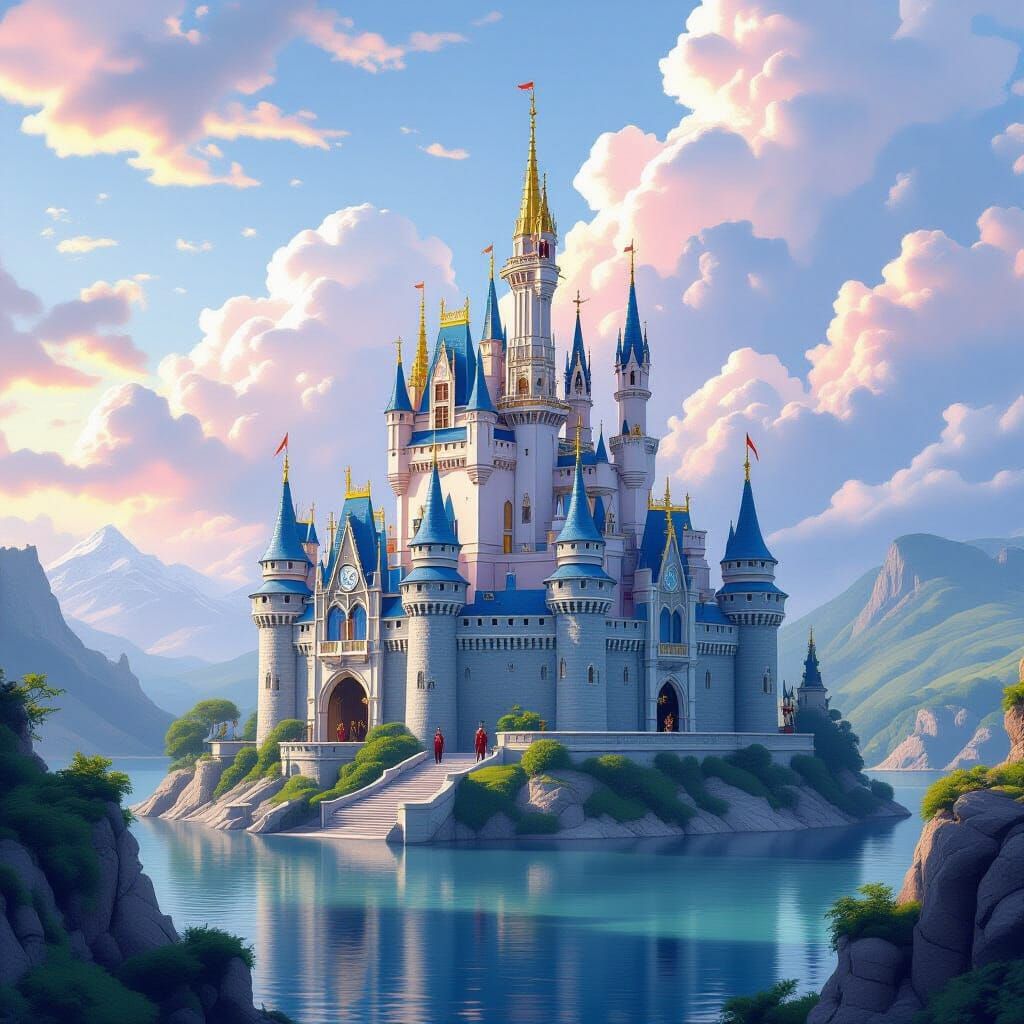 Regal Castle on Irish Island with Pink & Blue Clouds