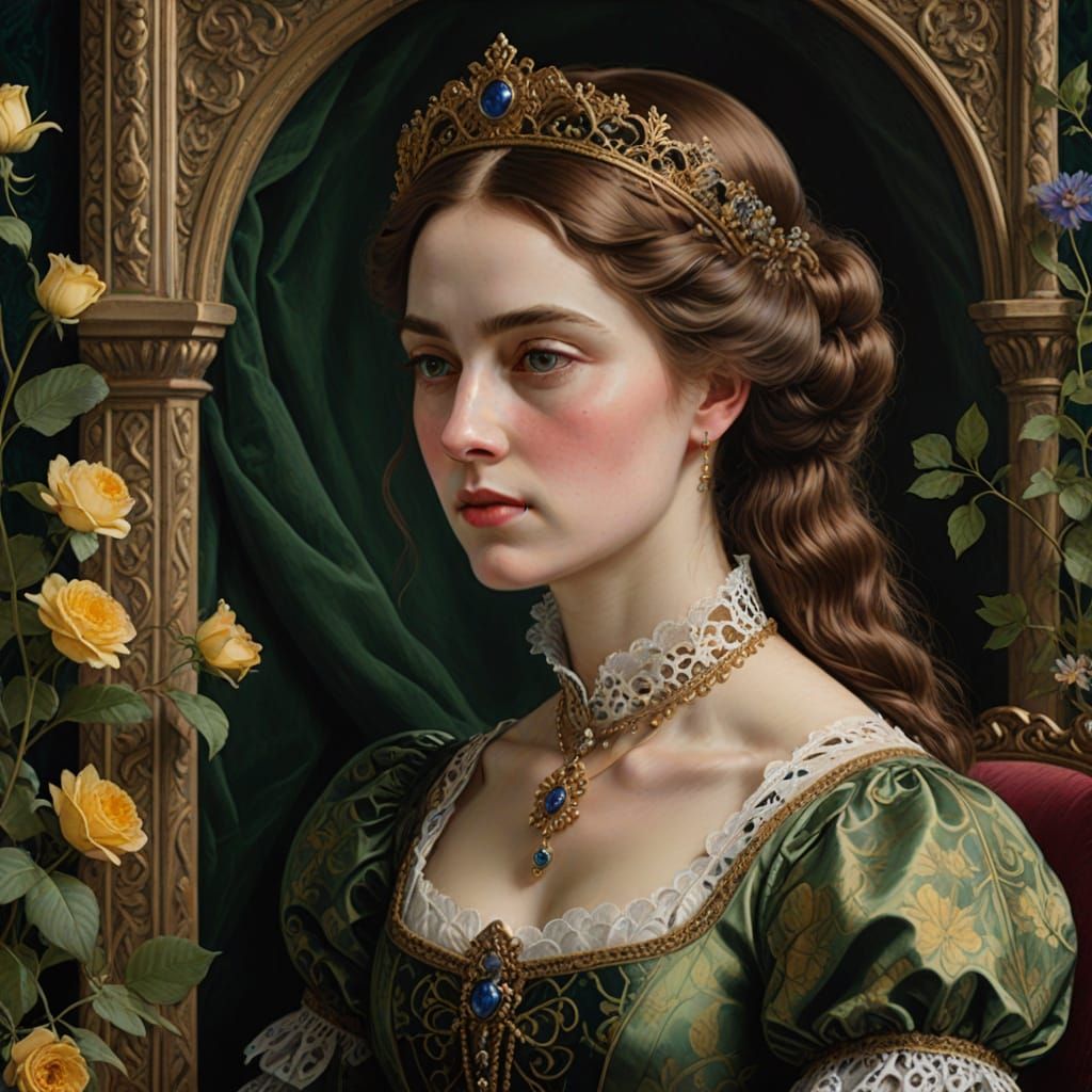 Victorian Queen Portrait in Pre-Raphaelite Style