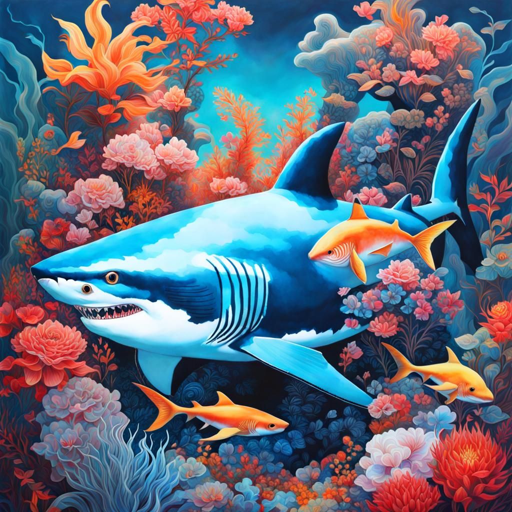 Shark Treasure Double Exposure in Gouache Style