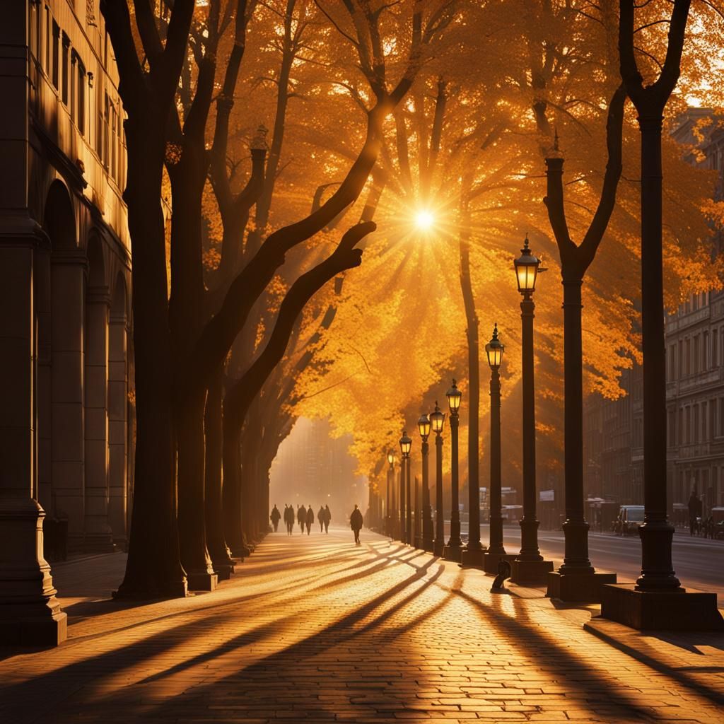 Golden Hour Cityscape with Classical Architecture