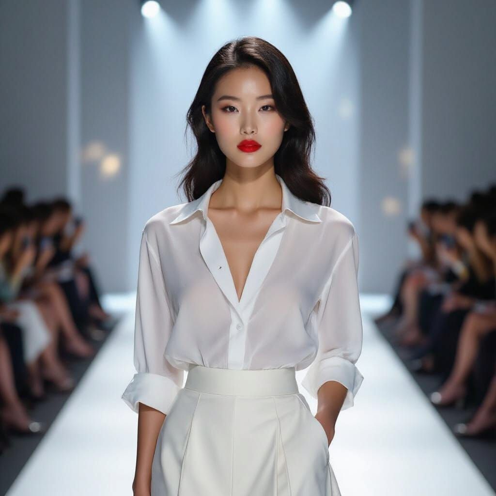 Korean Model on Runway in Dramatic Cinematic Style