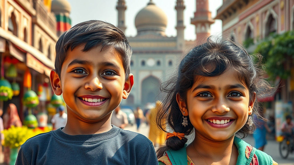 Smiling Children in Aligarh Cityscape: Hyper-Realistic Conce...