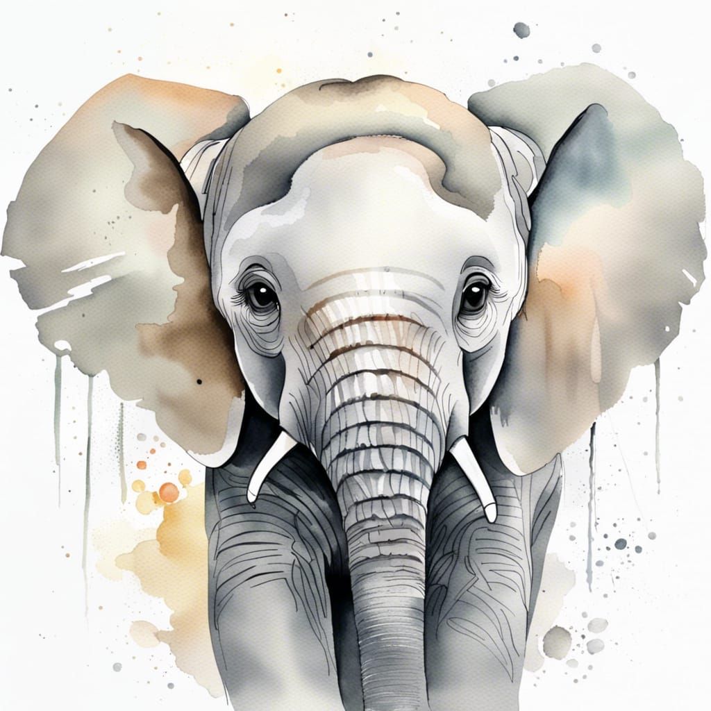 Watercolor Portrait of a Graceful Baby Elephant