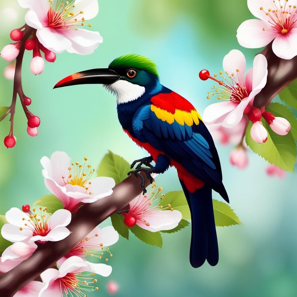Colorful Toucan on Cherry Blossom Branch