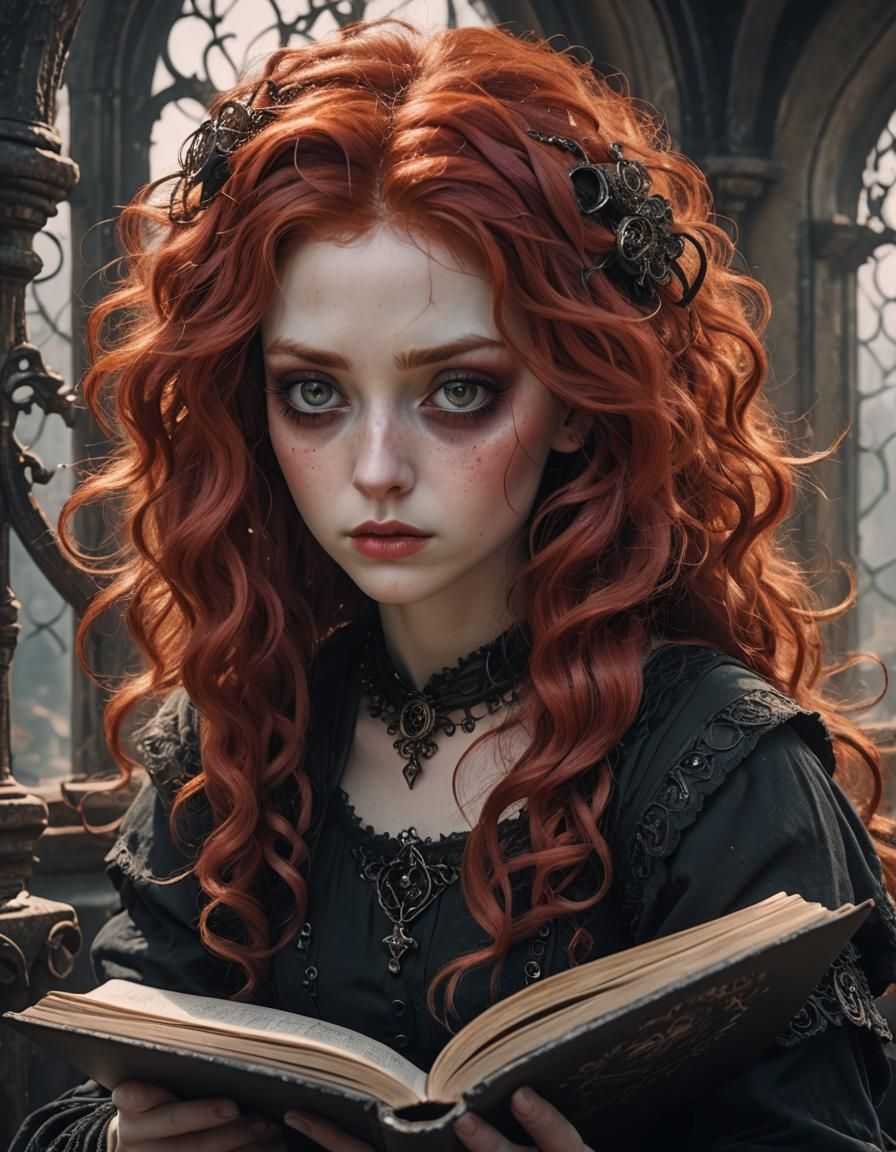 Mystical Gothic-Punk Girl Reading: Surreal Digital Art