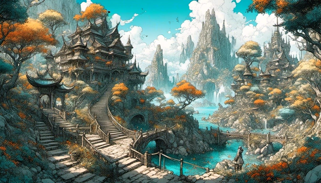Anime Fantasy Landscape with Temple in Sketch Style