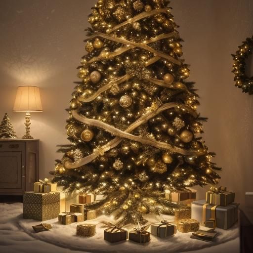 Christmas Tree with Golden Light, Hyperrealistic Photography