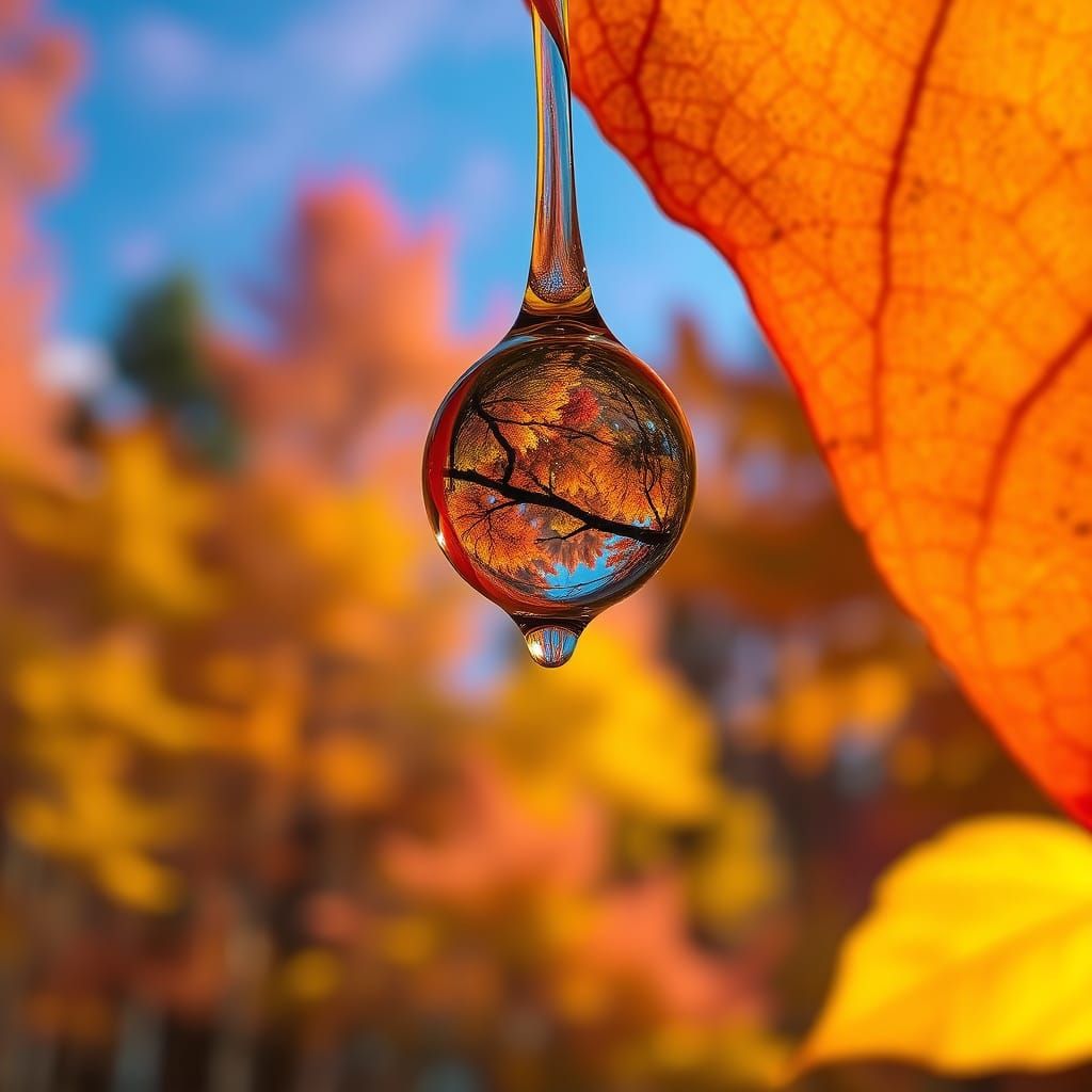 Hyperrealistic Waterdrop Reflects Vibrant Fall Forest