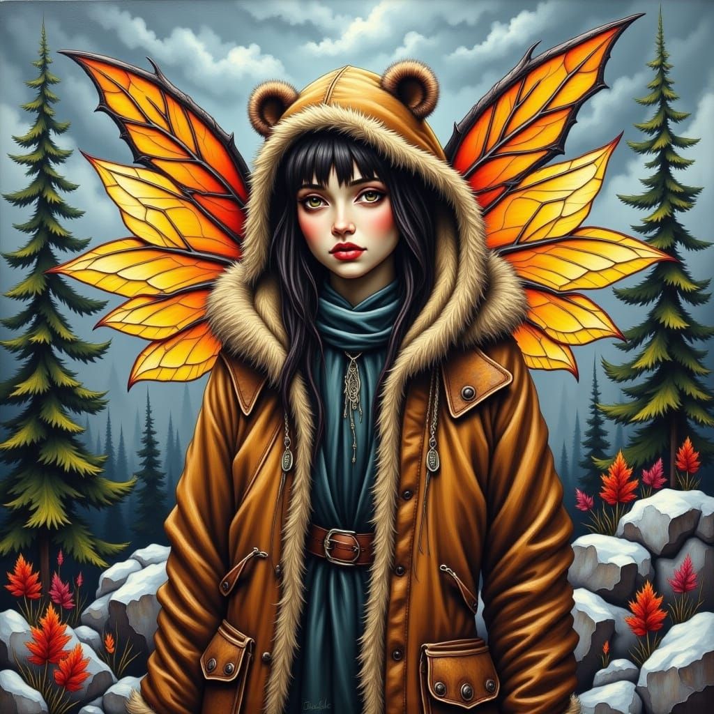 Surreal Mountain Fairy in Bear Fur and Forest Wings