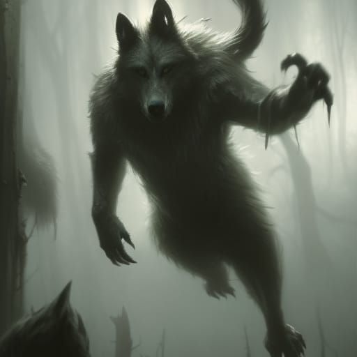 Wolf Monster in Dark Forest: Digital Art
