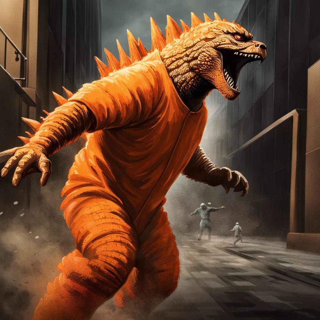 Godzilla's Dramatic Prison Escape in Hyperrealism