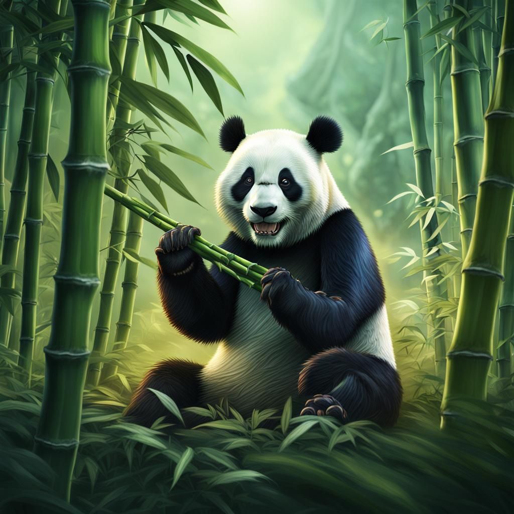 Giant Panda Eating Bamboo: Detailed Matte Painting