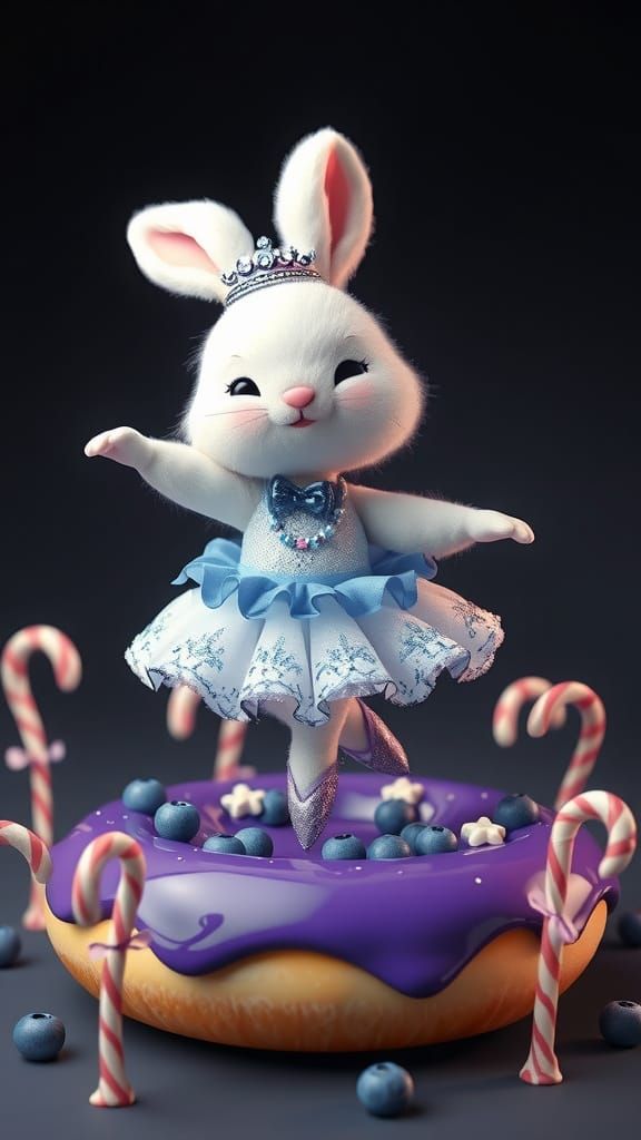 Blueberry Ballerina Bunny on Donut Stage in 3D Cartoon Style