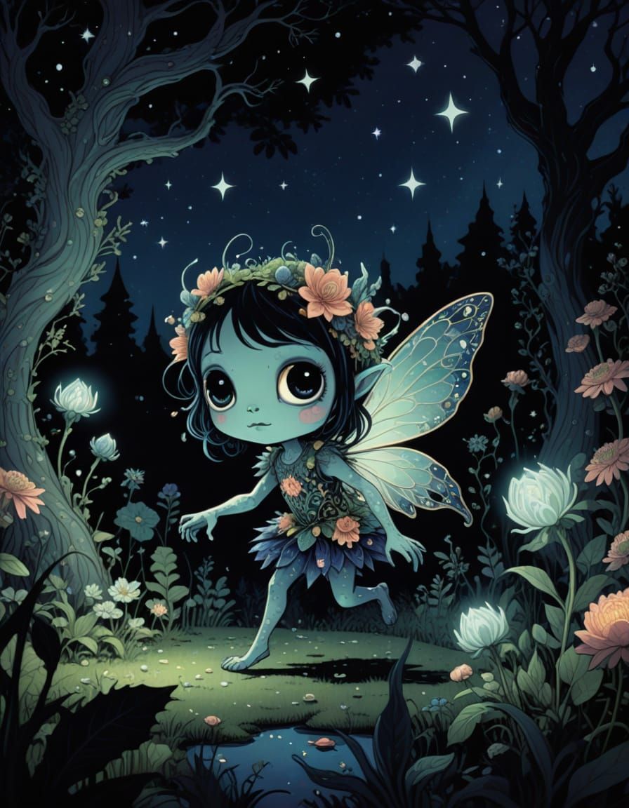 Cute Monster Fairy in Creepy Garden, Comic Art Style