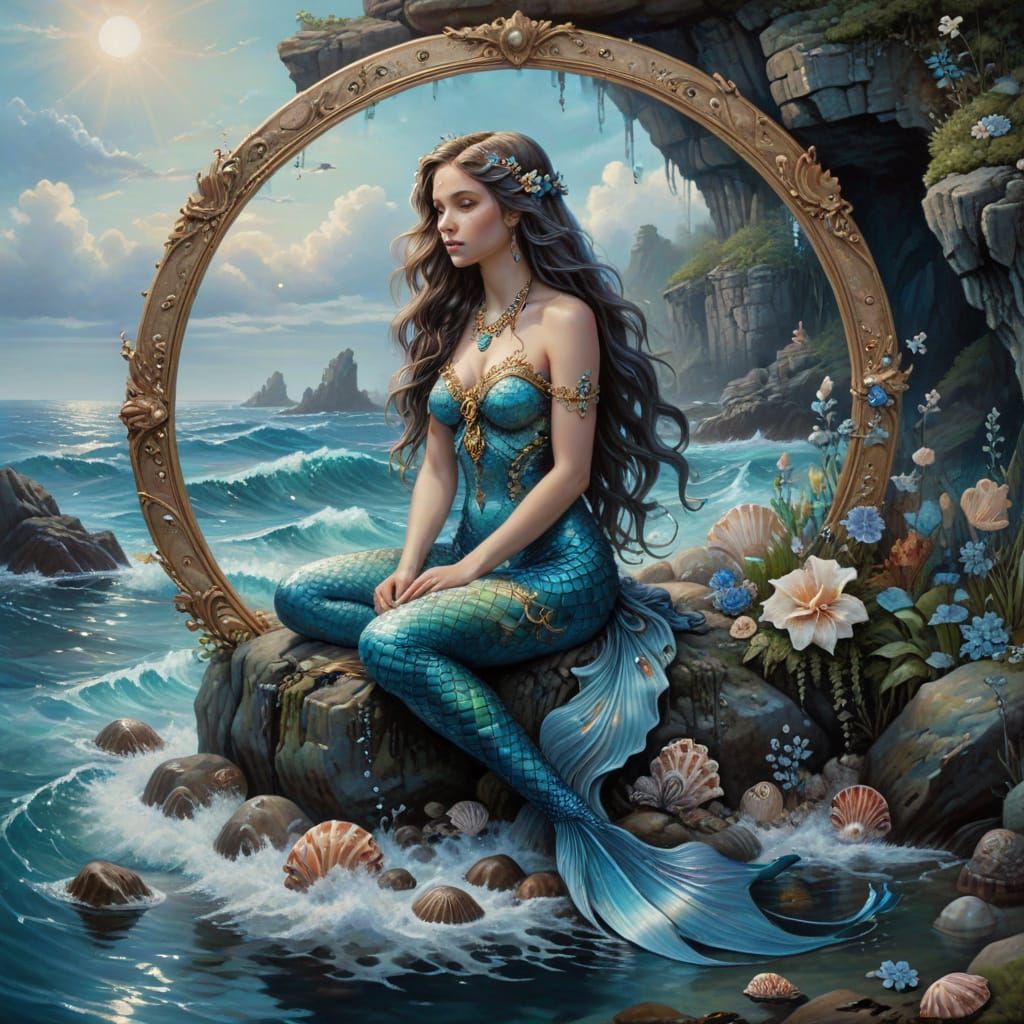 Mystical Mermaid Sits on Rocky Outcrop in Tranquil Sea, with...