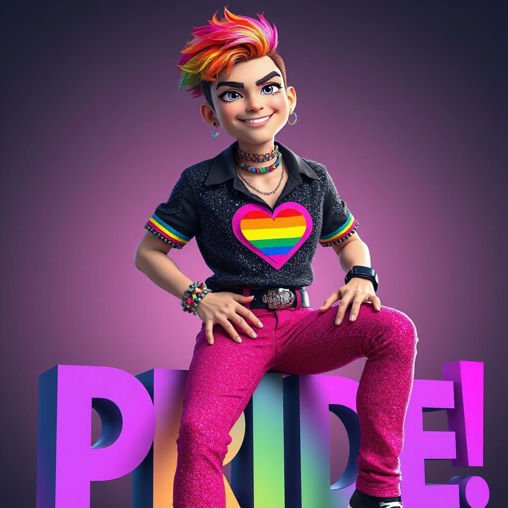 Vibrant Pride Character with Rainbow Accents and Confident P...