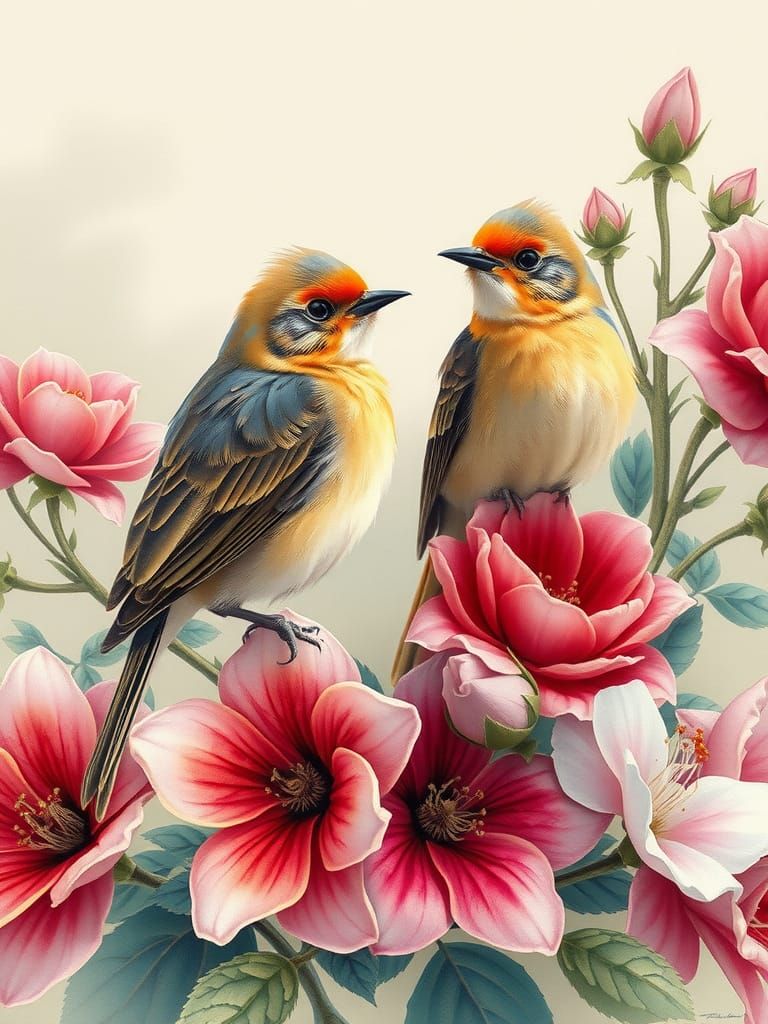 Romanticism Birds and Flowers in 3D Render