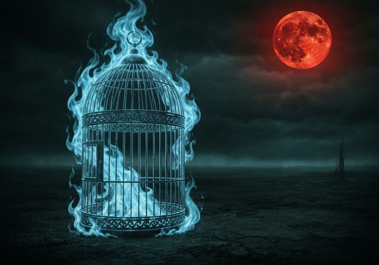 Spectral Birdcage Ablaze in Blue Flames