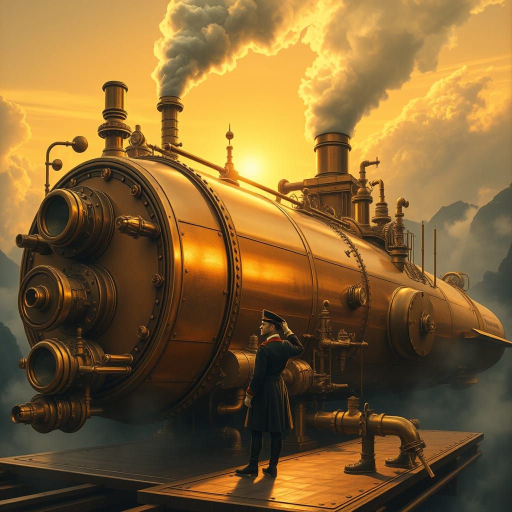 Surrealist Industrial Airship Captain Stands Beside Steam-Po...