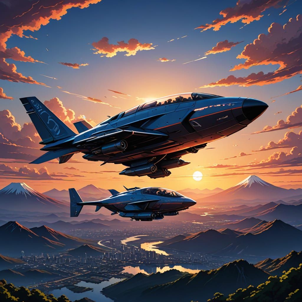 Future Flying vehicle fujisan sunset
