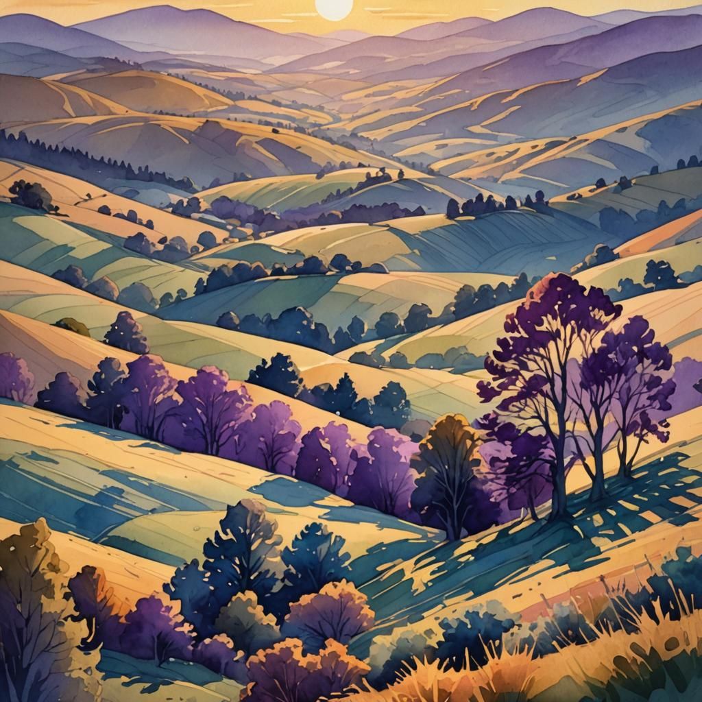 Watercolor Sunset Landscape with Volumetric Lighting